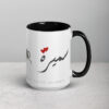 White ceramic Samira Arabic calligraphy coffee mug with red hearts.