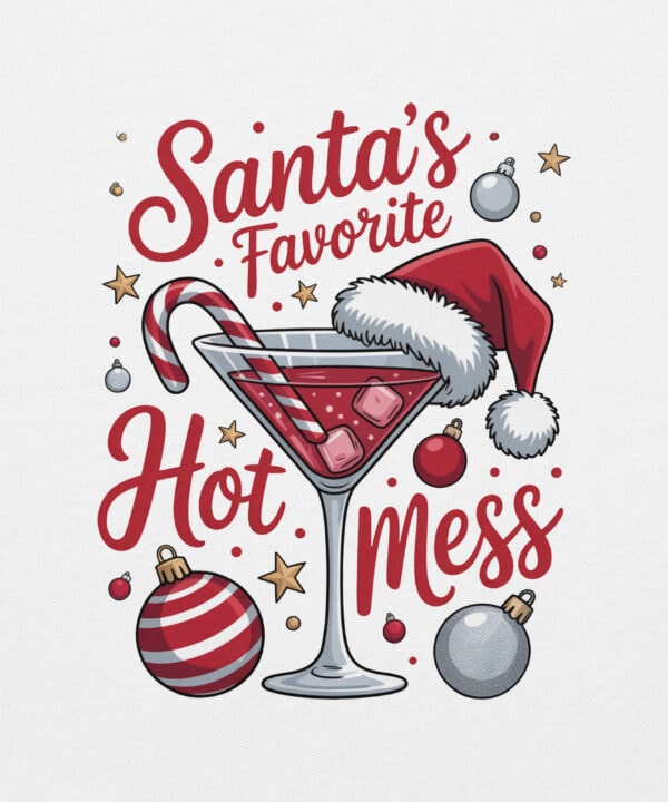 Santa’s Favorite Hot Mess Sweatshirt | Funny Festive Holiday Sweater – white front