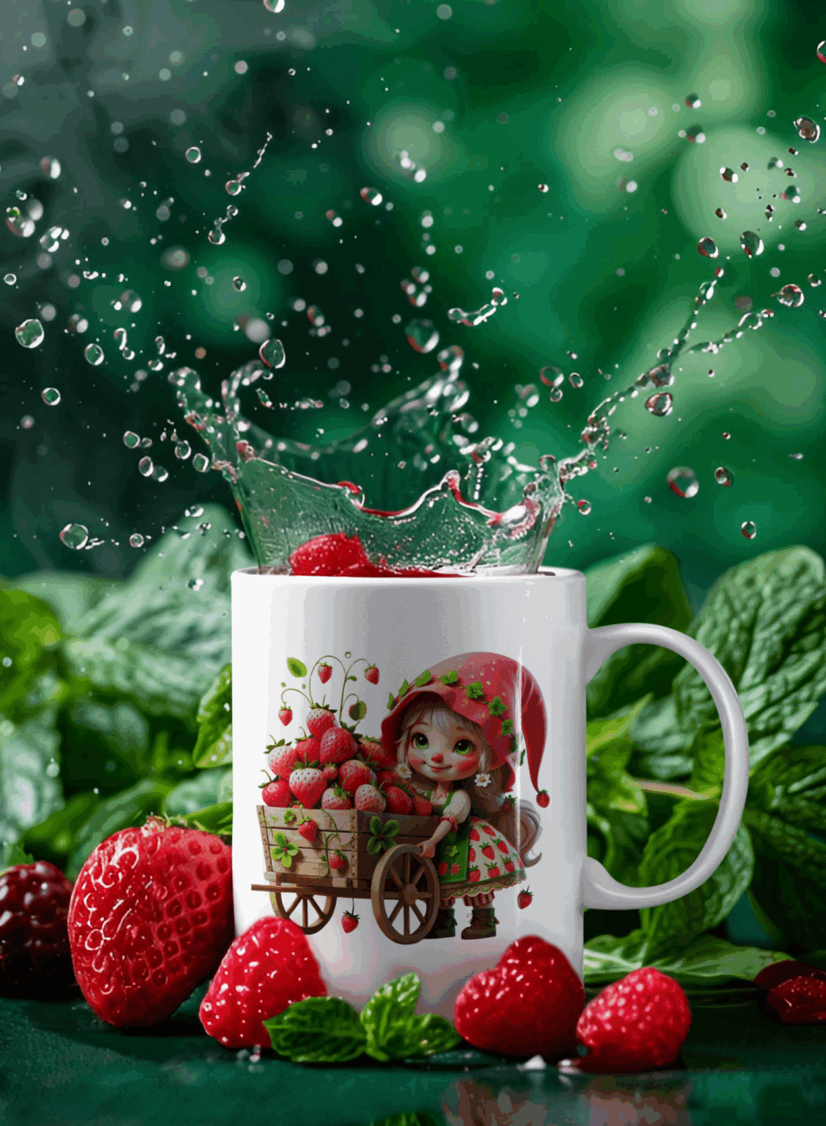 Red berry splashes into a whimsical gnome mug amid fresh strawberries.