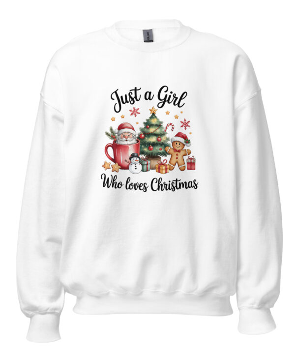 White Christmas crewneck sweatshirt mockup with Just a Girl Who loves Christmas graphic.