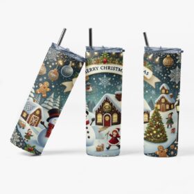Christmas Village Tumbler | Cozy Snowman Winter Scene