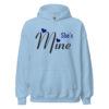Light blue Shes Mine hoodie with black script and blue hearts.