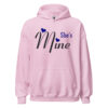 Light pink Shes Mine graphic pullover hoodie shown frontally.