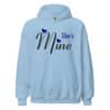 Light blue Shes Mine hoodie with black script and blue hearts.