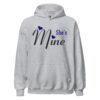 Heather gray Shes Mine script hoodie with blue heart accents.