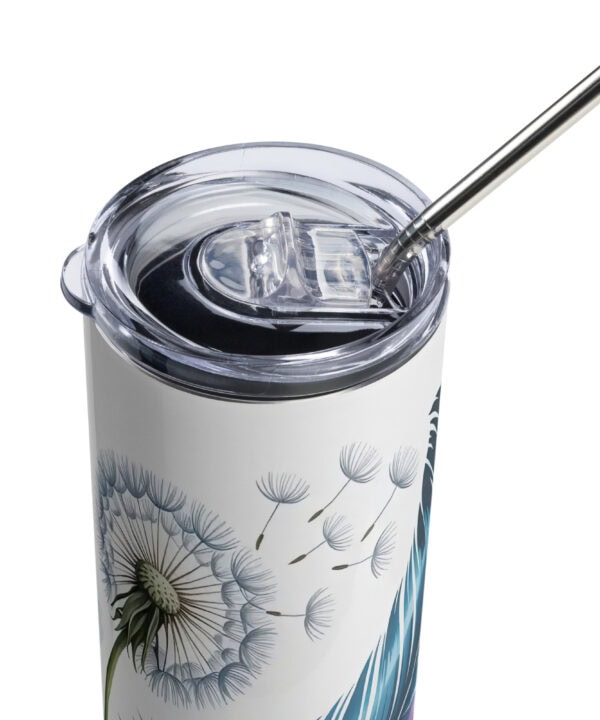Just Breathe Tumbler | Calm Feathers & Dandelion Art – white detail