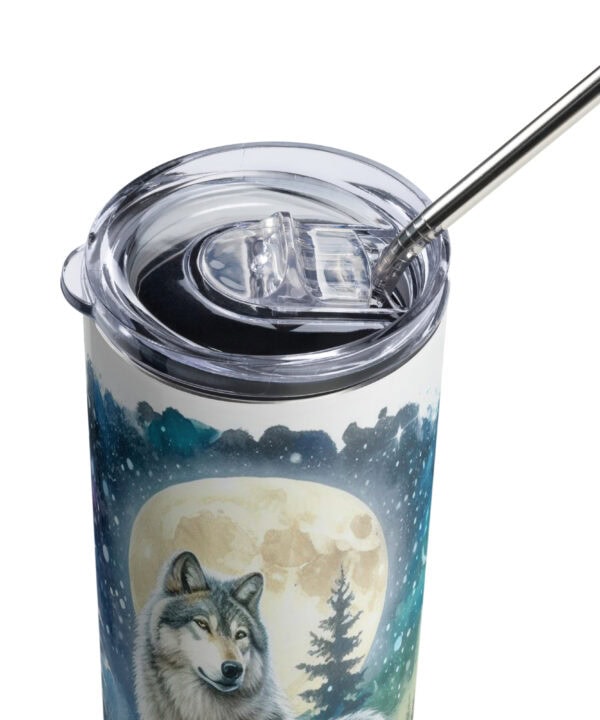 Wolf Moon Tumbler | Winter Forest Nightscape – white detail