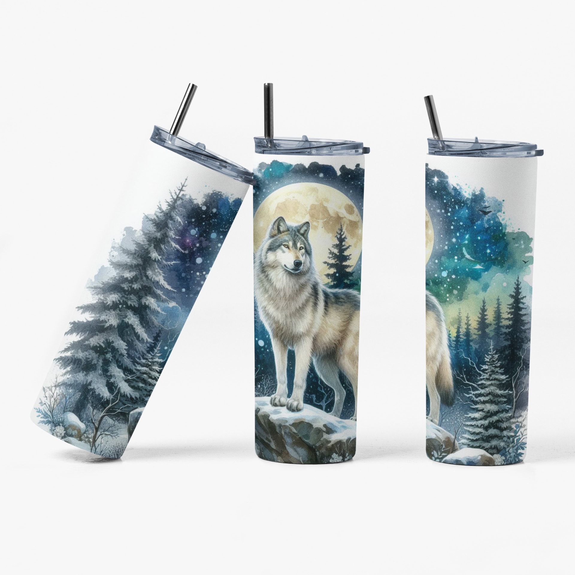 Wolf Moon Tumbler | Winter Forest Nightscape Cup
