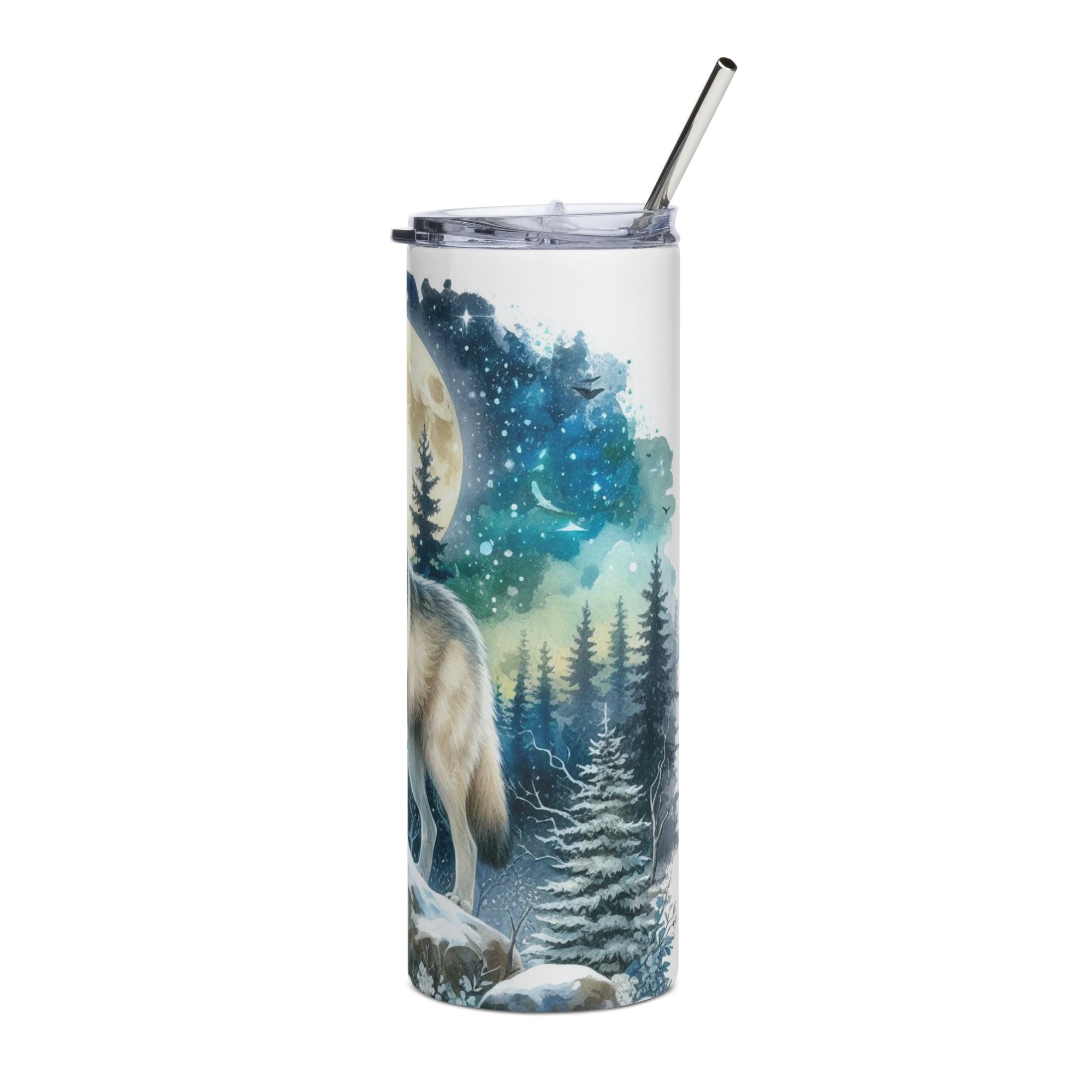 Wolf Moon Tumbler | Winter Forest Nightscape – white left