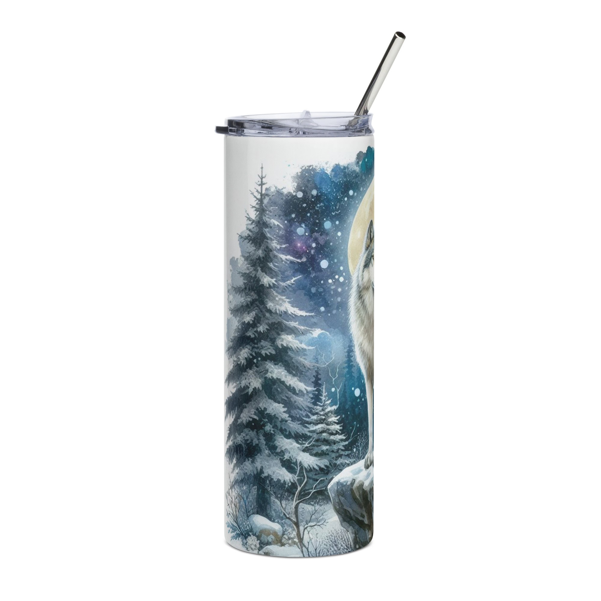 Wolf Moon Tumbler | Winter Forest Nightscape – white right